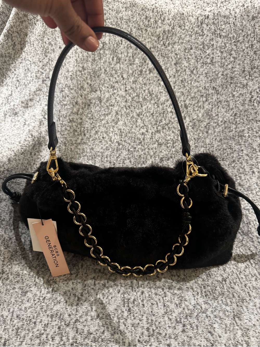 BCBGeneration Black Faux Fur Shoulder Bag with Gold Chain